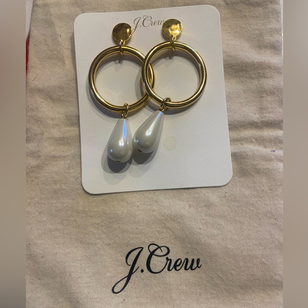 J. Crew Gold Hoop Earrings with Perl Teardrops